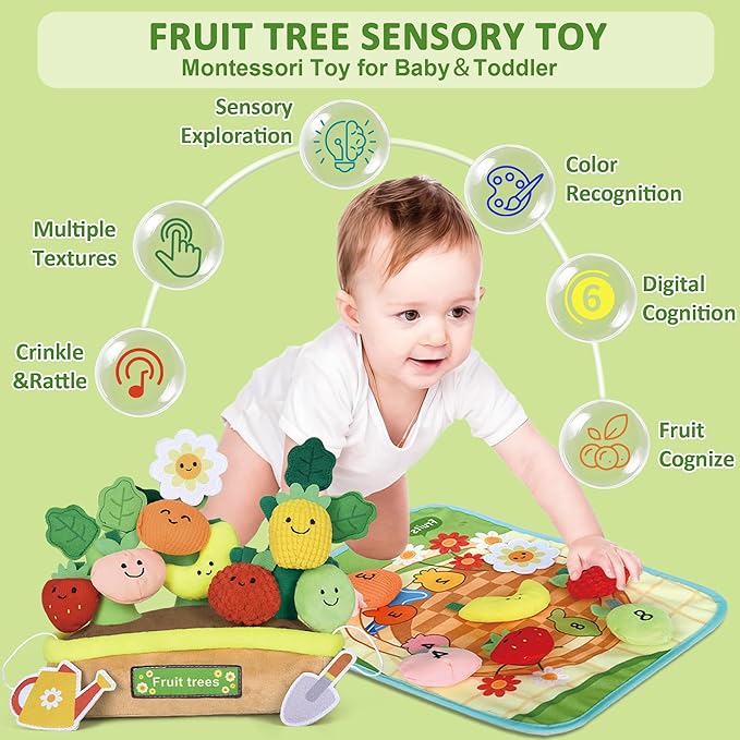 Baby Toys for 6-12 Months, Fruits Vegetables Plush Montessori Toys, Color Shape Sorting Crinkle Rattle Textures Sensory Toy, Fine Motor Skills Christmas Baby Gift for 0+ Boys Girls