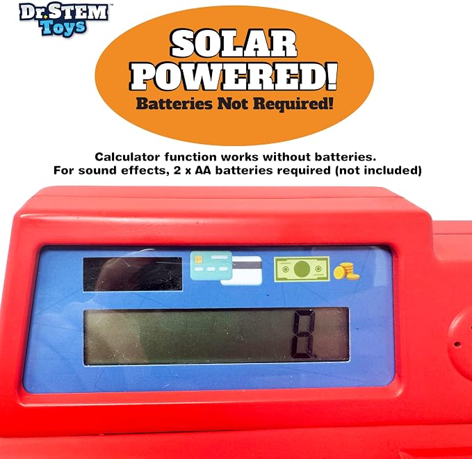 Dr. STEM Toys Solar Powered Calculator Pretend Cash Register with Play Money – 67-Piece Set for Learning Math Skills, STEM Cash Register for Kids, Red - Image 6