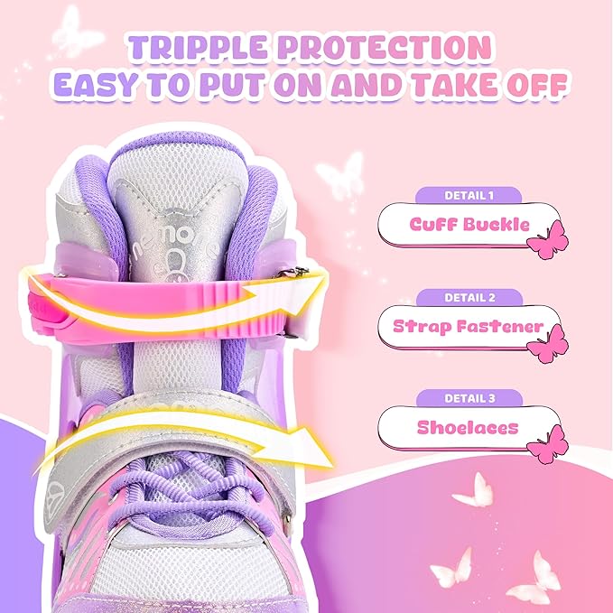 NEMONE Mermaid 4 Size Adjustable Light up Roller Skates for Girls, Purple Blue Skates for Toddlers, Beginner Kids Butterfly Roller Skates Indoor Outdoor
