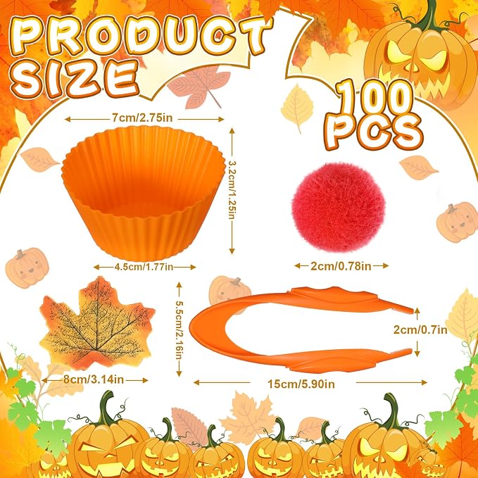 Hotop 312 Pieces Fine Motor Toys Counting Sorting Fall Thanksgiving Decorations 100 Pcs Assorted Pompoms 200 Pcs Artificial Maple Leaves 2 Pcs Tweezers 10 Pcs Cups for Autumn Thanksgiving Decoration - Image 2