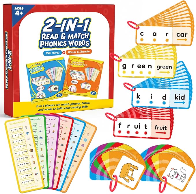 2-in-1 Phonics Flash Cards Set - Dry Erase CVC Word Games & Blends Digraphs Cards,Speech Therapy Toys for Toddlers,Learn to Read & Spell, Preschool & Kindergarten Learning Activities by Unknown
