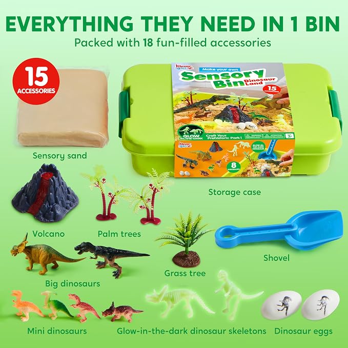 JOVA Klever Kits Dinosaurs Sensory Bin Toys for Kids with Glow in The Dark Dinosaurs, Sandbox with Lid Sand, Preschool Learning Activities Gifts for Boys Girls Age 3+ - Image 3