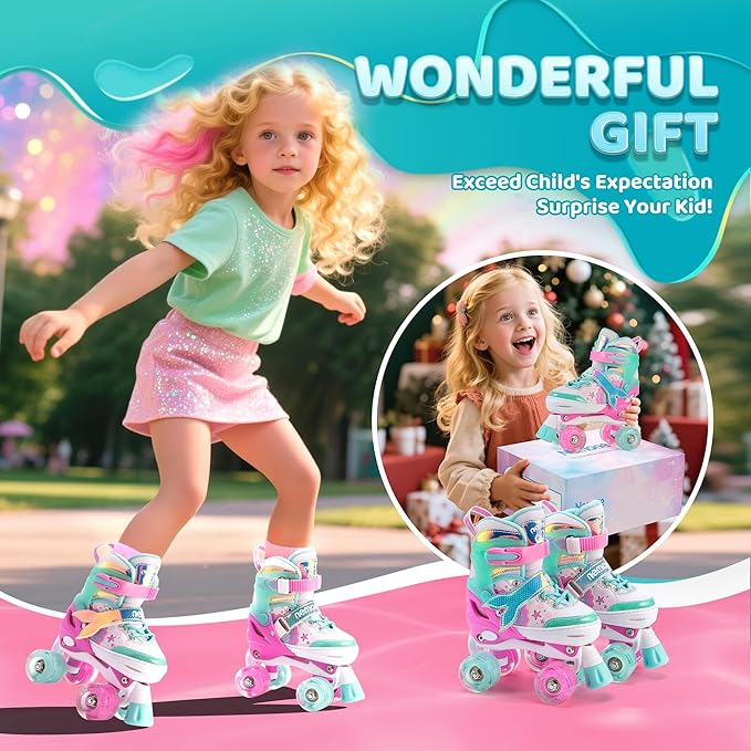 NEMONE Mermaid 4 Size Adjustable Light up Roller Skates for Girls, Purple Blue Skates for Toddlers, Beginner Kids Butterfly Roller Skates Indoor Outdoor