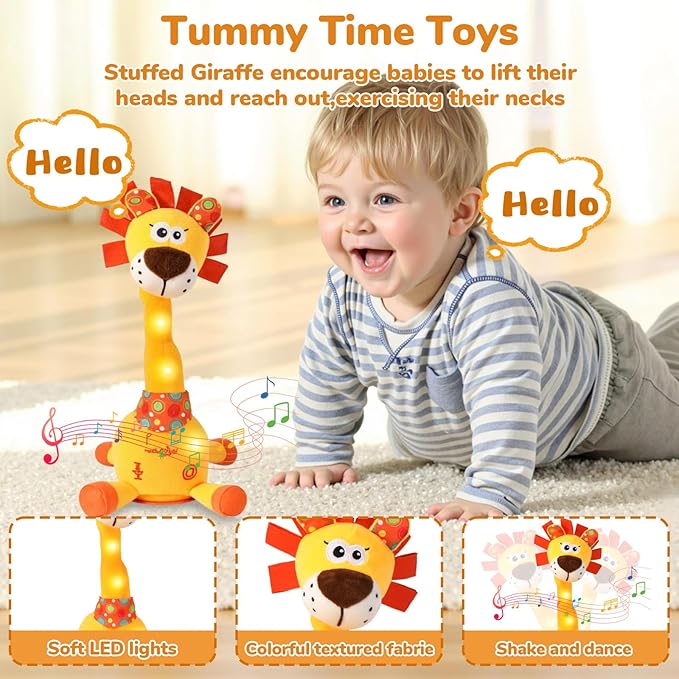 Dancing Talking Lion Plush Toy, Interactive Mimicking Recording Repeating Lion Stuffed Animal, Singing 10 Children's Songs, Tummy Time Light Up Toy for Toddlers 1-3 Years, Forest Birthday Party Gifts