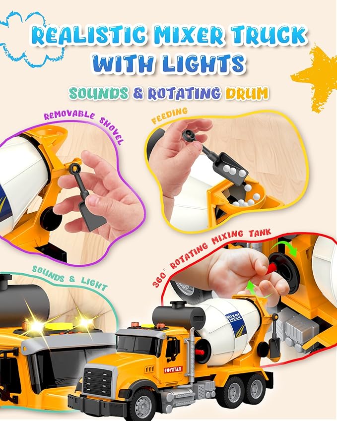 Toddler Trucks Toys for 3 4 5 6 7 Years Old Boys, 15'' Big Cement Mixer Truck with Lights&Sounds, Truck Vehicle, Kids Boy Toys Birthday Gift Car