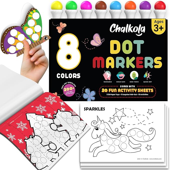 Chalkola 8 Washable Dot Markers for Toddlers - Kids Paint Dot Art Set by Chalkola