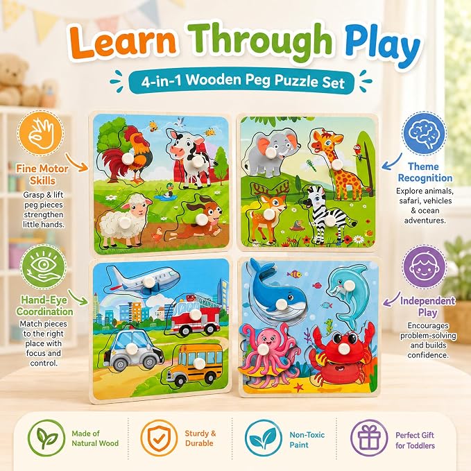 Wooden Peg Puzzle Set for Toddlers, 4 Pack Animal Vehicle Ocean Farm Puzzles, Montessori Wooden Puzzles for Ages 2-4, Preschool Learning Toys for Fine Motor Skills, Gifts for Boys Girls 1 2 3 4 - Image 5