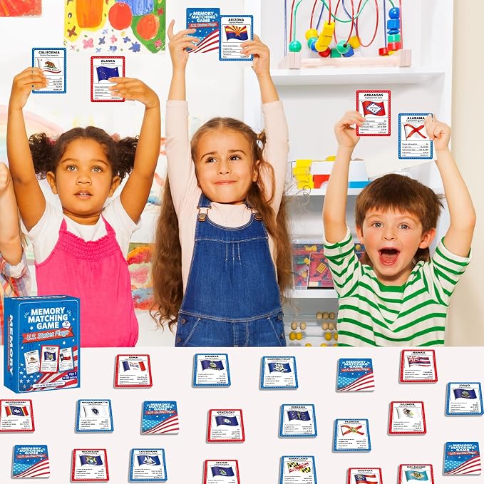 gisgfim 100 PCS Memory Matching Game Flags of U.S. States Concentration Memory Card Educational Cards Games Geography Learn States Capitals Game Gift for Kid Adults Learning Activities Matching Games - Image 7