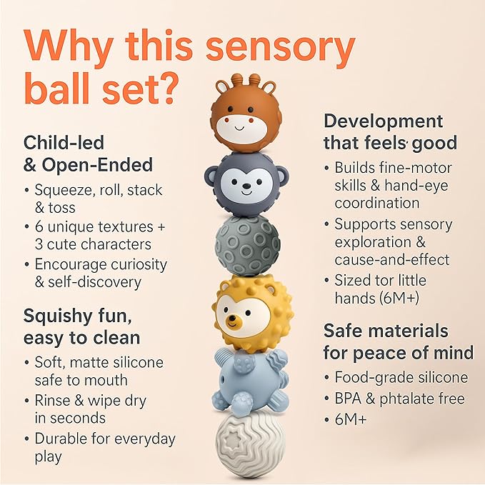 6-Pack Baby Sensory Balls, Textured & Animal Face Toddler Balls, BPA-Free Soft Teething Toys, Montessori Developmental Toys for Babies 6-12 Months, Christmas Gift for Infant