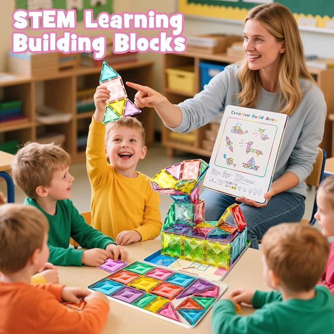 WMXDU Large Pastel Magnetic Tiles: Glitter Diamond Castle Building Set - Image 4