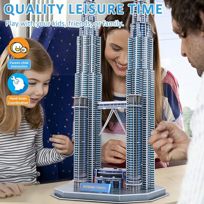 3D Puzzles for Adults & Kids, Petronas Twin Towers City Architecture Building Model Kit, 3-D Jigsaw Puzzles DIY STEM Desk Toys Christmas Birthday Gift for Hobbyist Teens Boys Girls 10-12-14, 130 PCS - Image 5