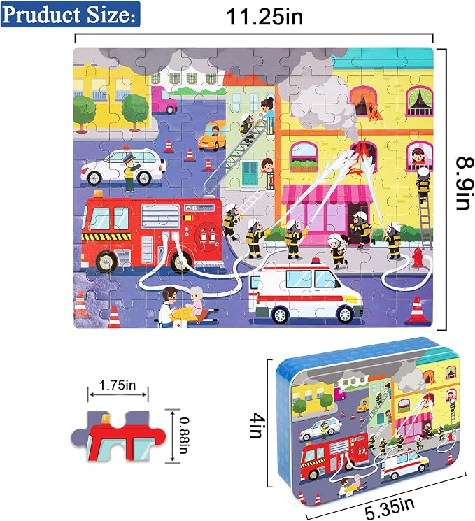 LELEMON 100 Pieces Jigsaw Puzzles in a Metal Box for Kids Age for 4-8 Boys Girls Toy Puzzles Fire Truck Ambulance Police Car Fireman Children Learning Educational Puzzles Toys - Image 3