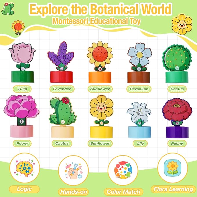 TSYAN Montessori STEM Toys Gift for Toddlers, Bloomy Flora Shape Color Number Sorting Matching Game, Educational Fine Motor Skills Learning Flower Blocks with Storage Tube for Boys Girls 2-4 Year Old - Image 4