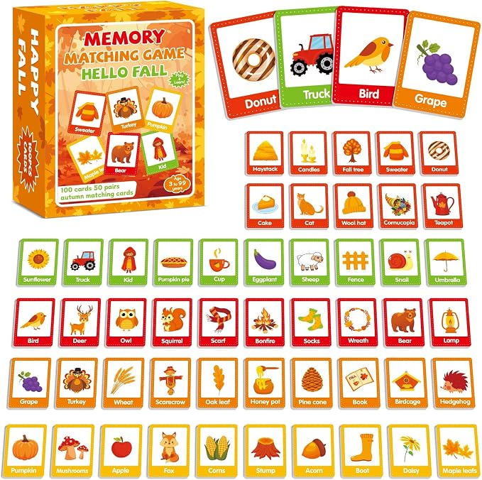 gisgfim 100 PCS Fall Memory Matching Game Thanksgiving Happy Fall Concentration Memory Games for Kids Educational Ages 3-8 A Fun & Fast Autumn Theme Memory Matching Games by gisgfim
