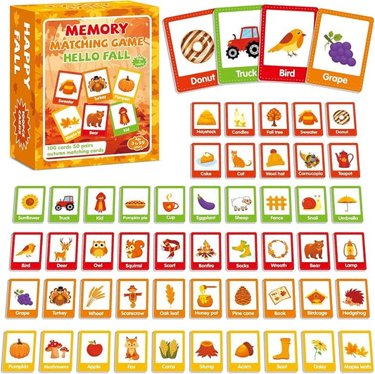 gisgfim 100 PCS Fall Memory Matching Game Thanksgiving Happy Fall Concentration Memory Games for Kids Educational Ages 3-8 A Fun & Fast Autumn Theme Memory Matching Games by gisgfim