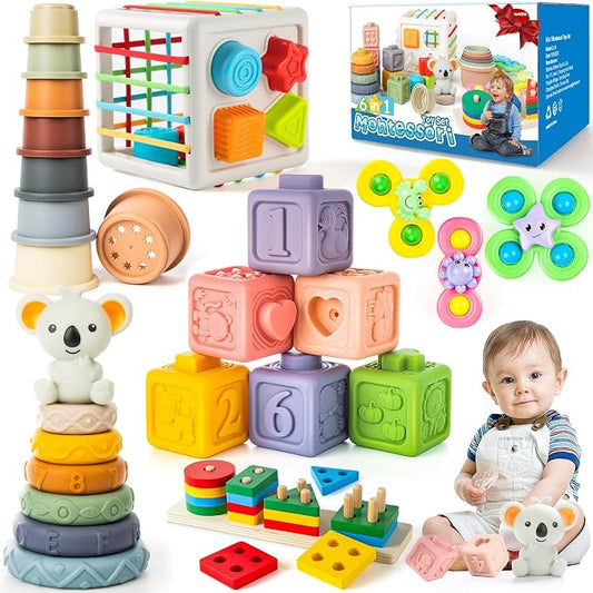 6-in-1 Baby Toys 6 to 12 Months, Montessori Toys for Babies 6-12-18 Months, Infant Teething Toy Stacking Blocks Rings Sensory Bin, Sorting Sensory Educational Learning Gift for Toddlers Aged 1-3 by Somustung