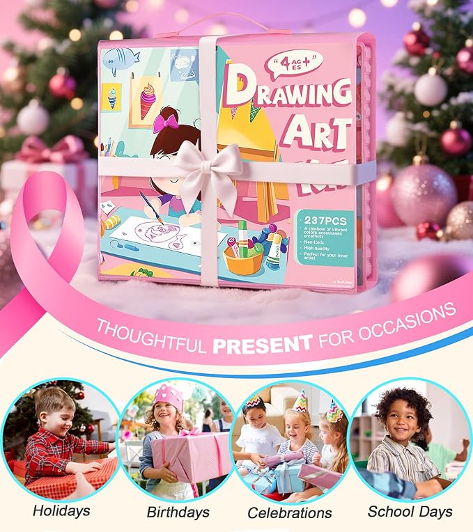 237-Piece Kids Art Set with Double-Sided Easel, Painting Kits for Kids Ages 4-8, Non-Toxic Art Supplies for Girls & Boys, Drawing Set with Watercolor, Oil Pastels, resent for Young Artists-Pink