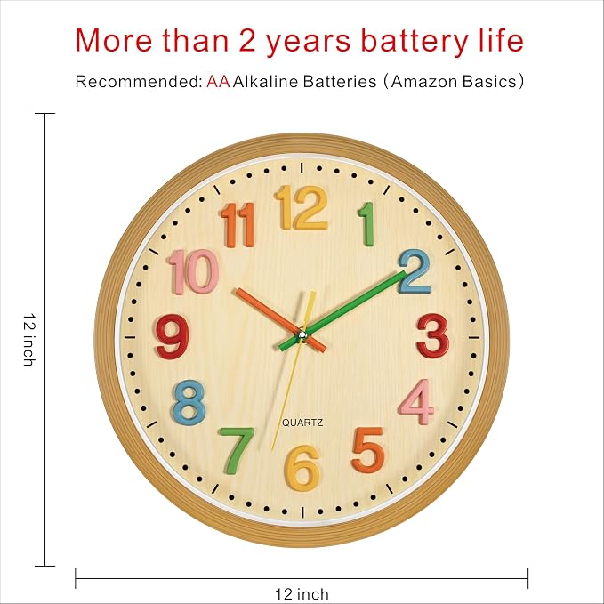 Foxtop Silent Kids Wall Clock Non-Ticking Battery Operated Colorful Childrens Clock for Classroom Playroom Nursery Bedrooms Kids Room (3D Numbers, 12 inch) - Image 2