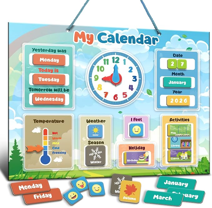 inamio Magnetic Kids Calendar for Learning - Classroom, Preschool Calendar for Kids and Toddlers - Days of the Week Chart - Today, Months and Weather by Inamio
