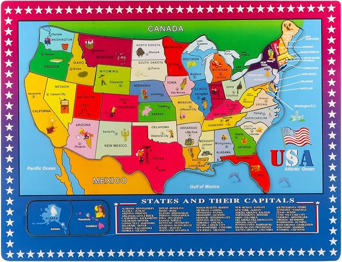 Wooden USA Map Puzzle, 46 Pieces US Map Puzzle for Kids, Educational Geography Puzzles United States Map Puzzle for Boys Girls Birthday Gift by Joqutoys