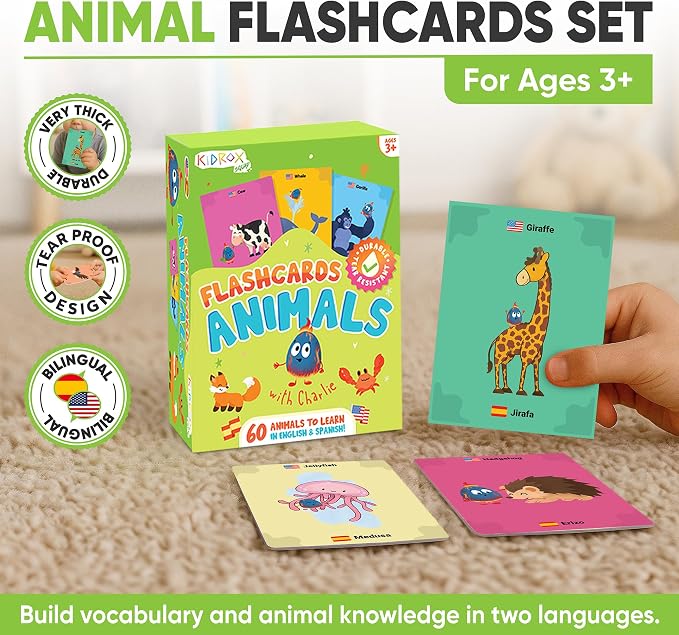 Kidrox Animals Flash Cards, English Learning Cards with Spanish Translations Included, Indestructible Double-Sided, 30 Cards - Image 2