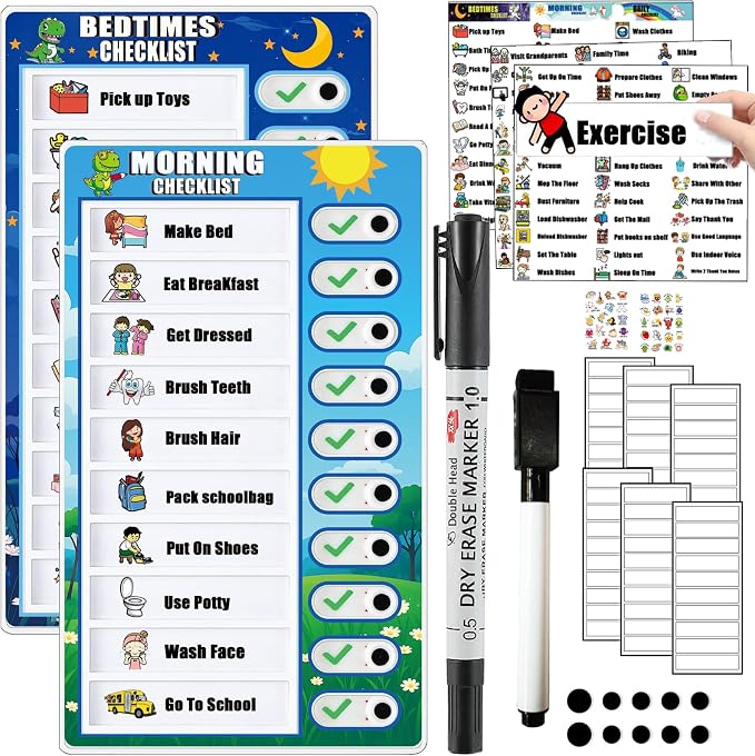 Kids Chore Chart Dry Erase Task Board Magnetic Daily Routine Checklist with Markers Stickers Detachable Cards, Visual Schedule Routine Chart for Kids (Dinosaur Routine Chart) by Unknown