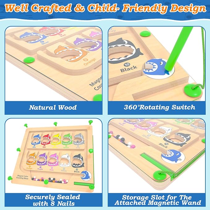 Magnetic Color & Number Maze Counting Matching Toy with Shark Eating - Image 2