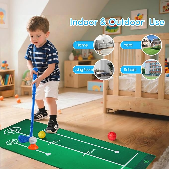 PJG Toddler Golf Set with Mat, Plastic Kids Golf Clubs 3-5 with 4 Golf Clubs and 10 Balls, Indoor and Outdoor Golf Toys with Cart for Toddlers Boys and Girls Aged 1 2 3 4 5 Years Old Birthday (Blue)