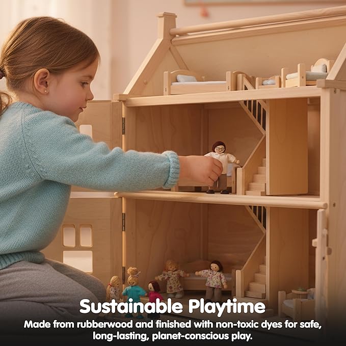 PlanToys® Wooden Dollhouse Family Set– Light Skin & Brown Hair| 4 Poseable 1:12 Scale Doll House People | Montessori Pretend Play Figurines | Eco-Friendly Sustainable Wooden Toy for Kids