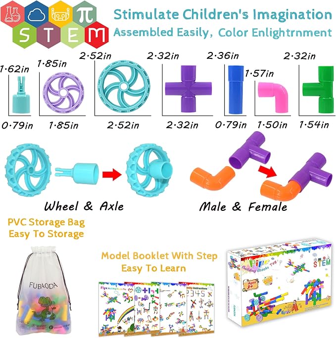FUBAODA STEM Learning Pipe Tube Toys, Tube Locks Construction Building Blocks 96 Pcs - Multicolor Educational Building Blocks Set with Wheels& Spouts & Joints for Kids Ages 3+ - Image 3