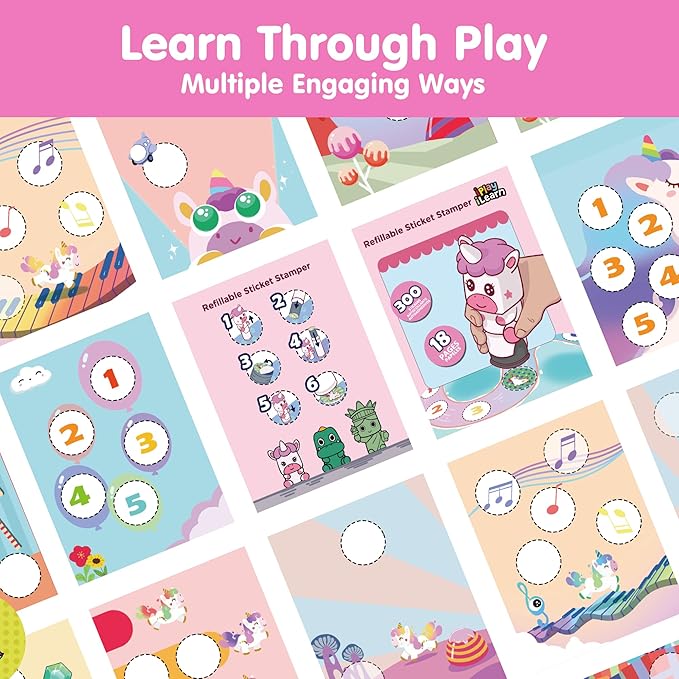 iPlay, iLearn Kids Unicorn Sticker Stamp Activity Set - 400+ Stickers 18-Page Activity Book, Toddler Creative Mess-Free Art Craft Educational Travel Toy, Birthday Stocking Gift 3 4 5 6 Yr Old Girl Boy