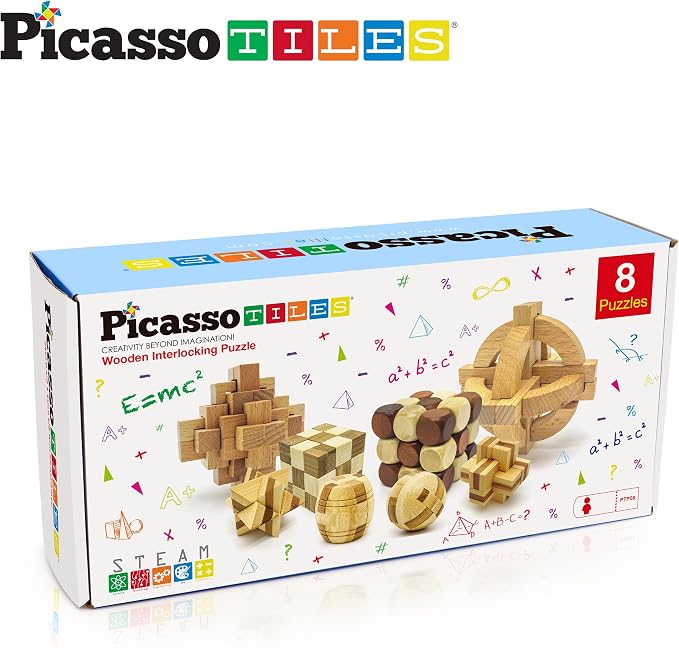 PicassoTiles 8 Styles Interlocking Sensory Toys Wooden Burr Cube, Ball and Barrels Logic Skill Genius Puzzle Brain Teaser Games & Intellectual 3D Assembling Educational Toy Set for Kids & Adults PTP08 - Image 9