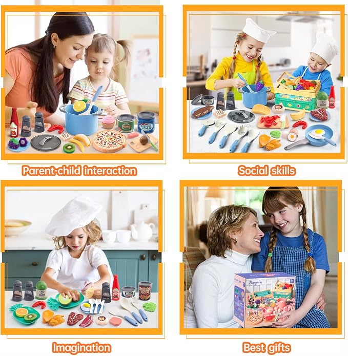 80Pcs Kitchen Playset, Toddler Pretend Cooking with Pots, Pans, Cookware, Food, Picnic Blanket, Fruits, Veges, Shopping Storage Basket, Dessert , Learning Gift for Girls Boys (Blue) - Image 7