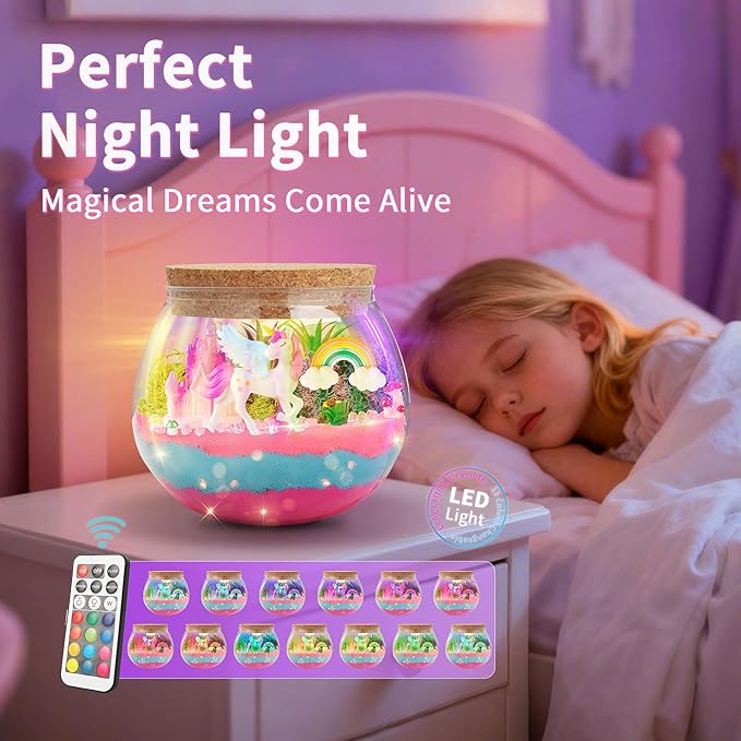 Unicorn Light-Up Terrarium Kit Toys for Kids - Not Fragile - LED Birthday Gift for Girls Ages 4 5 6 7 8-12 Year Old - Unicorn Toys for Girls - DIY Arts and Craft Kits with Stickers (Round)