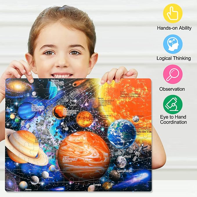 LELEMON 100 Pieces Jigsaw Puzzles for Kids Ages 4-8 Solar System Planets Jigsaw Puzzle for Kids Boys Girls Children Learning Educational Puzzles in a Metal Box Pack Toy - Image 4