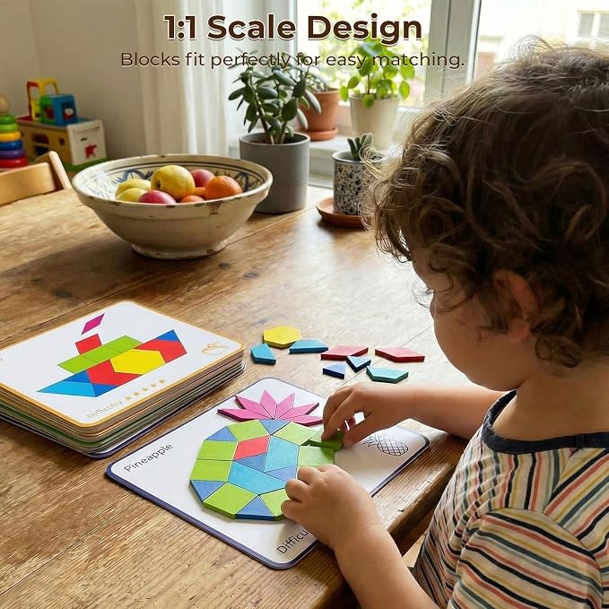 3 Otters 150Pcs Wooden Pattern Blocks Set, Geometric Tangram Shapes - Image 3