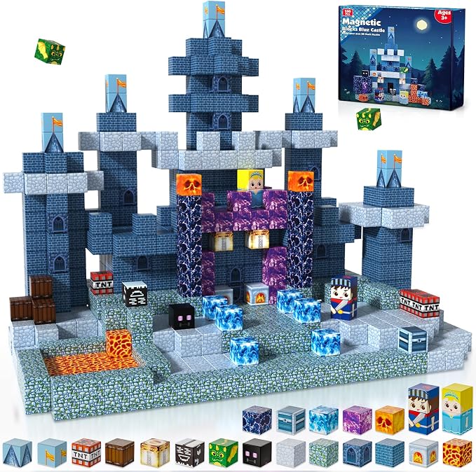 ToyUnited 100PCS Magnetic Blocks - Magnet Building Blocks, Stacking Magents Cubes Toys Blue Castle Set, STEM Montessori Sensory Toys for Kids Boys and Girls Ages 3 4 5 6 7 8 9 10+ Birthday Gifts by BuildCreateExplore