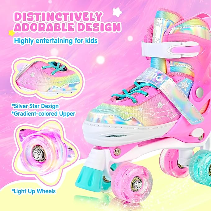 NEMONE Mermaid 4 Size Adjustable Light up Roller Skates for Girls, Purple Blue Skates for Toddlers, Beginner Kids Butterfly Roller Skates Indoor Outdoor