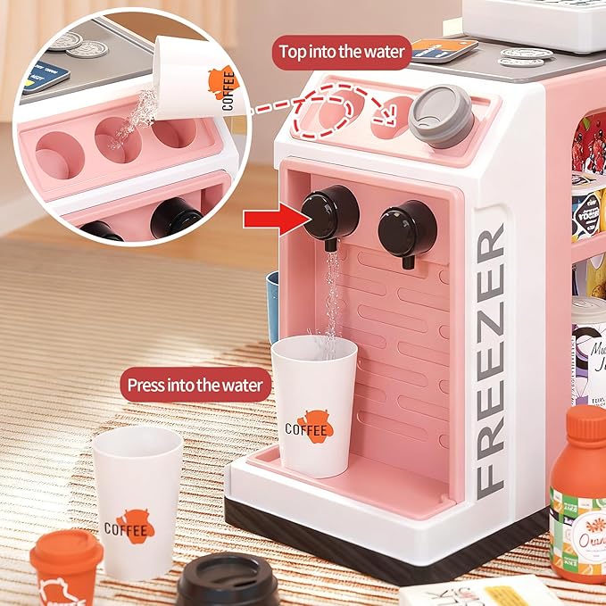 48-Piece Pretend Play Cash Register Toy Set for Kids with Water Outlet Function - Calculator, Shopping Bag, Scanners, Coffee Machine, Play Food - Gift for Boys and Girls Ages 3+（Pink）