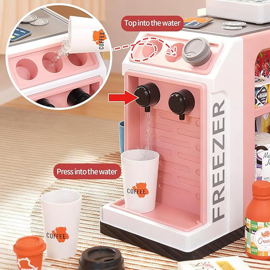 48-Piece Pretend Play Cash Register Toy Set for Kids with Water Outlet Function - Calculator, Shopping Bag, Scanners, Coffee Machine, Play Food - Gift for Boys and Girls Ages 3+（Pink）