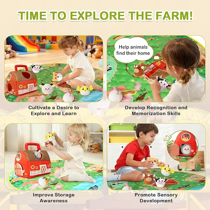Plush Farm House Playset with 6 Farm Animal Toys & Play Mat – Soft Sensory Barn for Babies & Toddlers, Montessori Learning Toy, Portable Plush Playset for Early Animal Learning