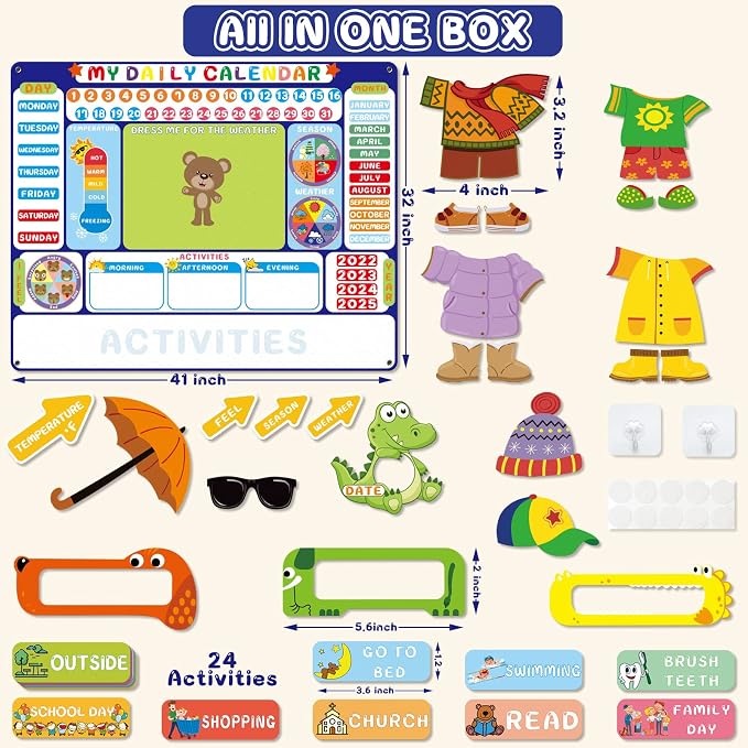 My Daily Calendar Felt Board for Kids Preschool Classroom Calendar 3.5Ft Circle Time Learning Center All About Today Activities Bear Dress Emotion Weather Season Days of the Week for Toddlers Learning - Image 2