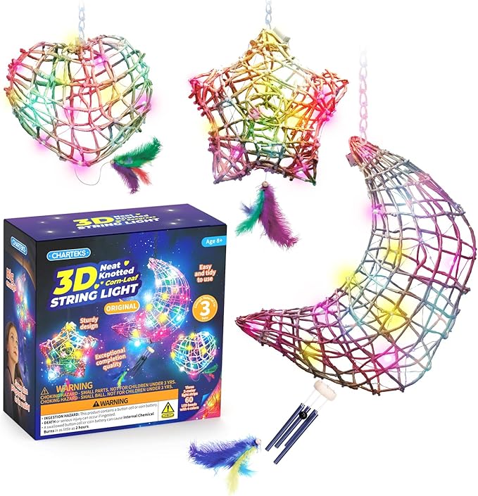 CHARTEKS 3D String Light Craft Kit for Kids, String Art Kit with LED Bulbs and Wind Chime, Arts and Crafts Set, Birthday Gifts for Girls Boys Ages 8+ (Original, Corn-Leaf String)