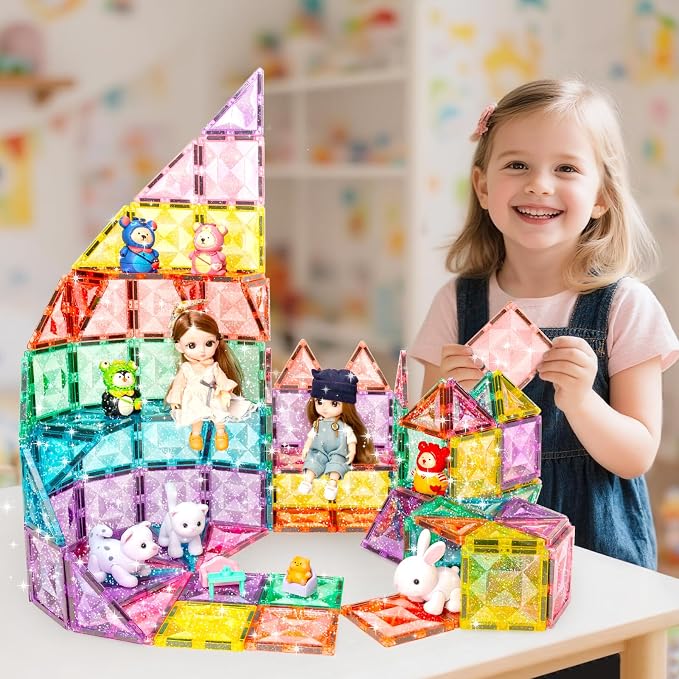 WMXDU Large Pastel Magnetic Tiles: Glitter Diamond Castle Building Set - Image 3