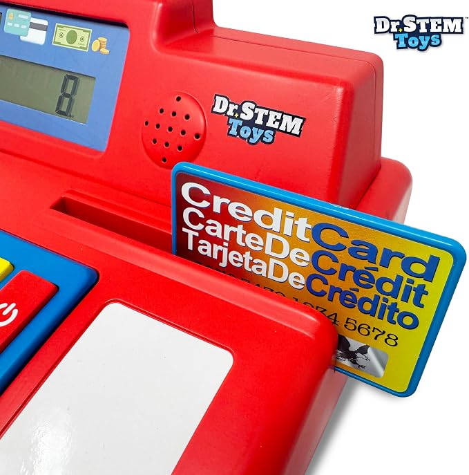 Dr. STEM Toys Solar Powered Calculator Pretend Cash Register with Play Money – 67-Piece Set for Learning Math Skills, STEM Cash Register for Kids, Red - Image 7