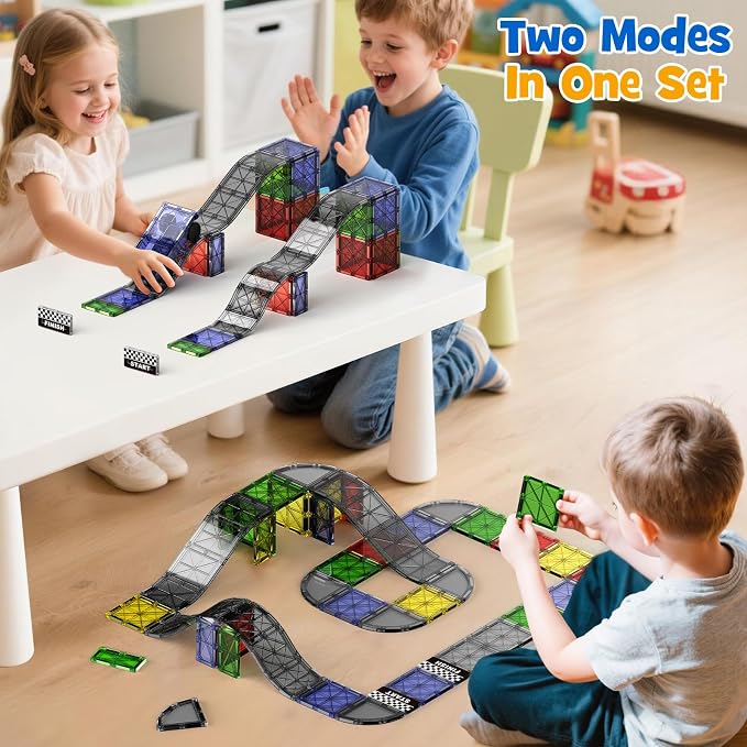 WMXDU Magnetic Road Track Set, 2-in-1 Playset with Curved Tiles - Image 2