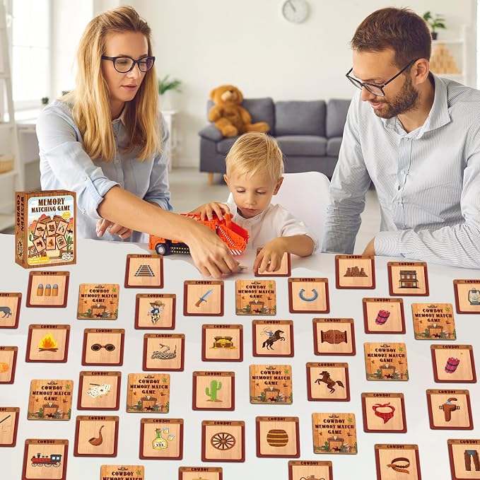 gisgfim 100 PCS Memory Matching Game Cowboy Concentration Memory Card Games for Kids Educational A Fun & Fast Western Party Favor Wild West Theme Matching Games - Image 6