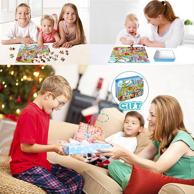 LELEMON Puzzles for Kids Ages 4-8 Transportation Vehicles Jigsaw Puzzles for Kids Boys Girls 100 Pieces Fire Truck Car Learning Educational Puzzles in a Metal Box - Image 7