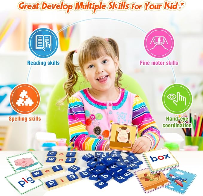 Learning Toys for 3 4 5 Years Old Kids - 116Pcs Short Vowel Letters Sorting Spelling Reading Toy Set with Double-Sided Flash Cards, Preschool Kindergarten Learning Activities Toy for Boys Girls - Image 7