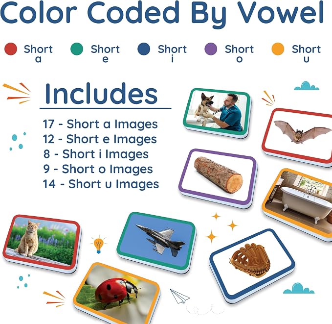 60 Magnetic CVC Photo Objects by Learning Letters. Real-Life Images that depict Words that Follow CVC Patterns. Color-Coded by Short Vowel Sound. Manipulatives for Phonics and Vocabulary Development. - Image 3